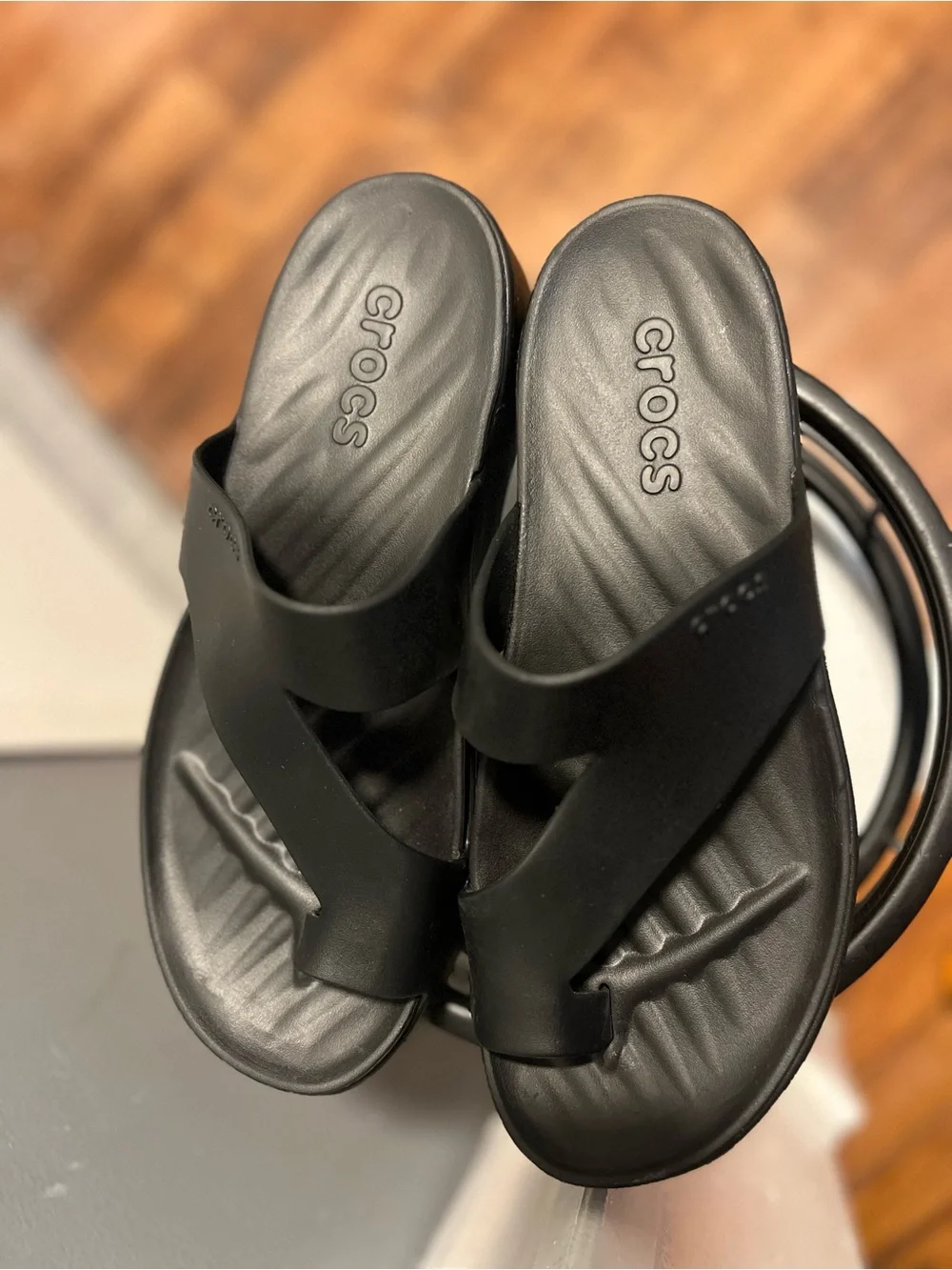 CROCS women Black Slide Toe-Post Platform Sandals size 10